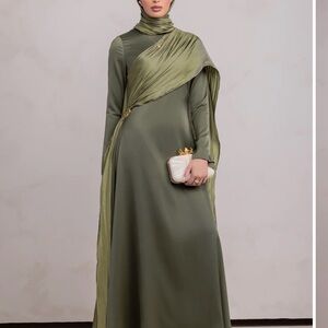 Olive Green Modest Long Sleeve Maxi Dress with Draped Scarf